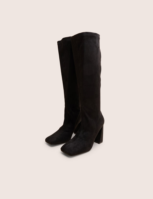 Audrina Black Suede Block Heel Knee High Sock Boots