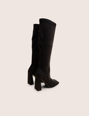 Audrina Black Suede Block Heel Knee High Sock Boots