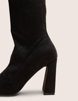 Audrina Black Suede Block Heel Knee High Sock Boots
