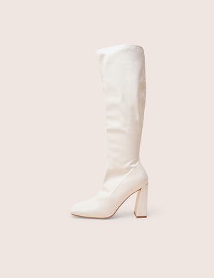 Audrina White Pu Block Heel Knee High Sock Boots