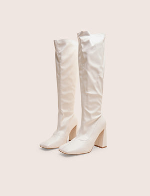 Audrina White Pu Block Heel Knee High Sock Boots