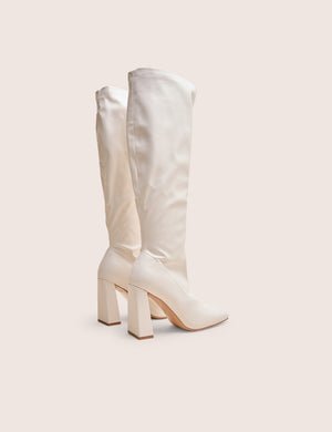 Audrina White Pu Block Heel Knee High Sock Boots