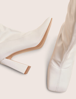 Audrina White Pu Block Heel Knee High Sock Boots