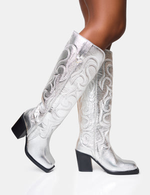 Austine Silver Western Block Heel Knee High Boots