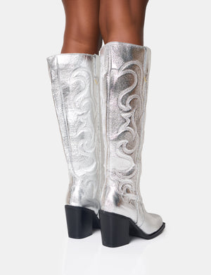 Austine Wide Fit Silver Western Block Heel Knee High Boots