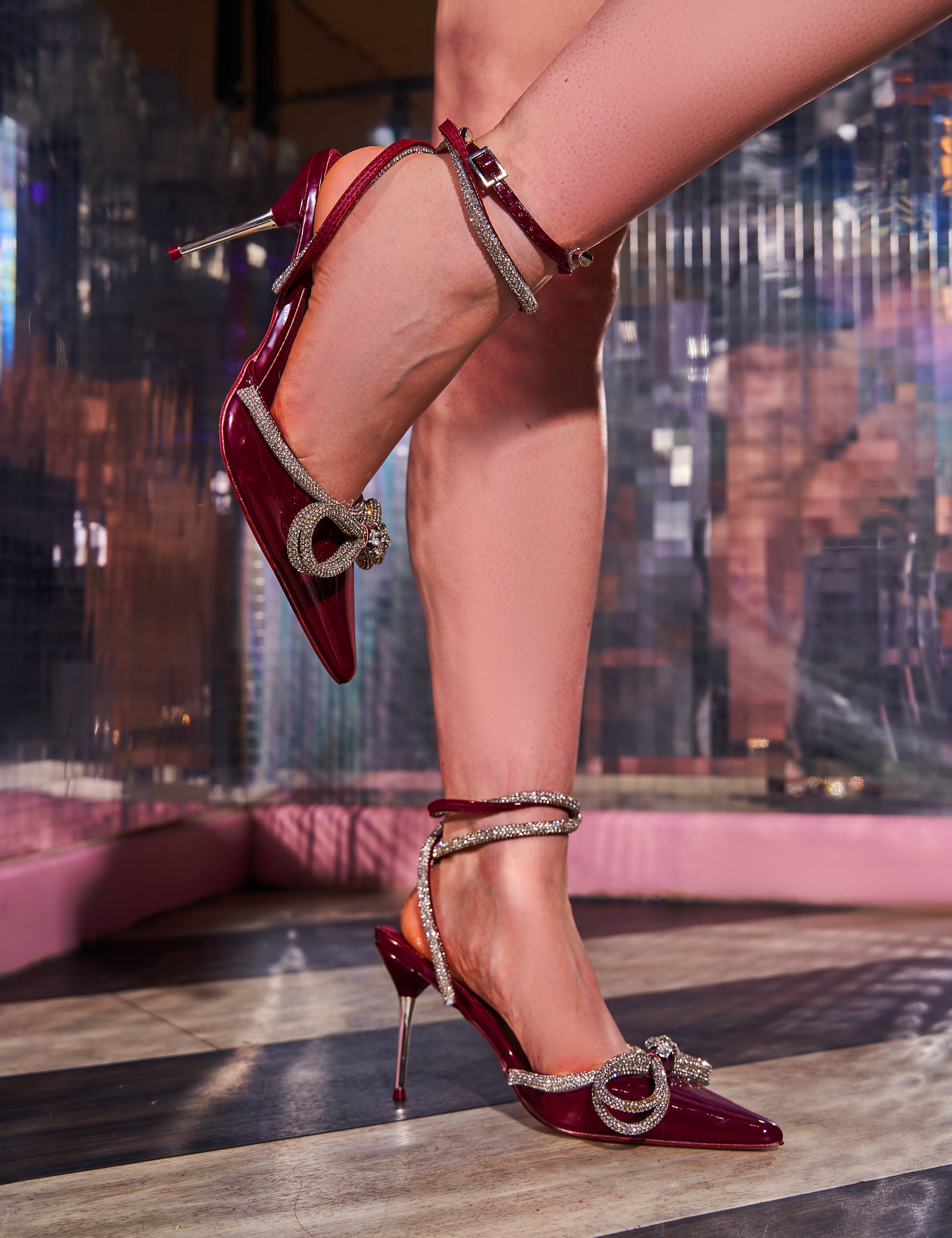 Midnight Burgundy Diamante Bow Mid Heel | Public Desire