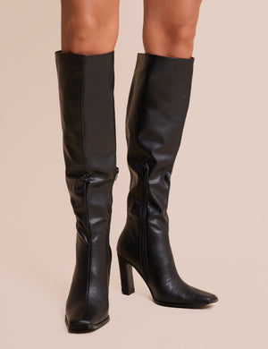 Acquilla Black Knee High Flared Heel Boots