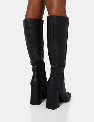 Apology Wide Fit Black Pu Knee High Block Heel Boots