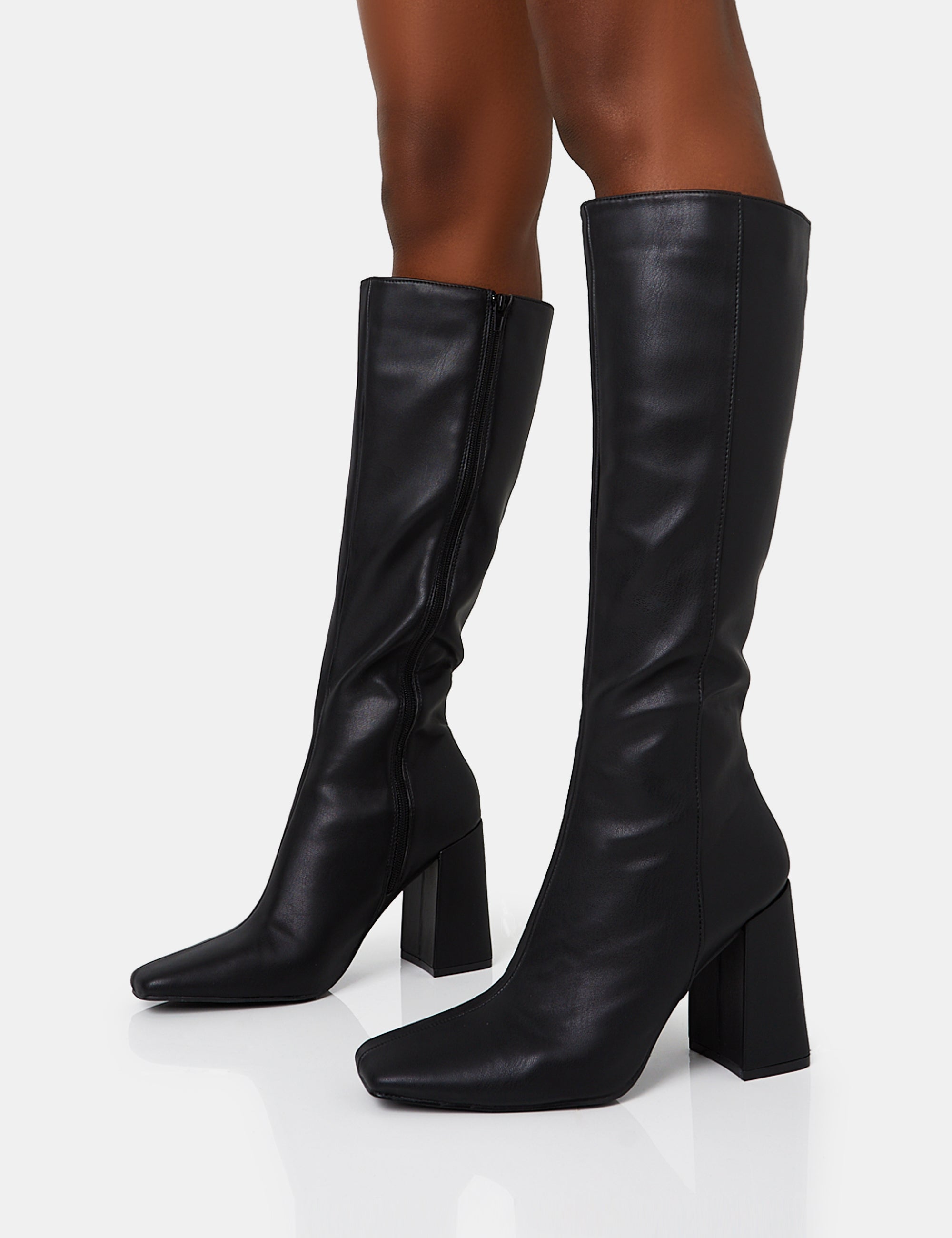 Apology Black Pu Knee High Block Heel Boots Public Desire