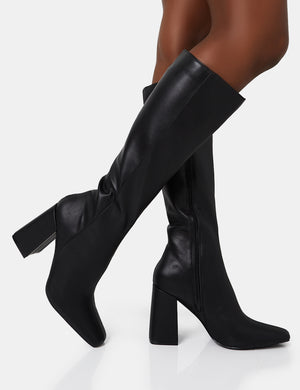 Apology Wide Fit Black Pu Knee High Block Heel Boots