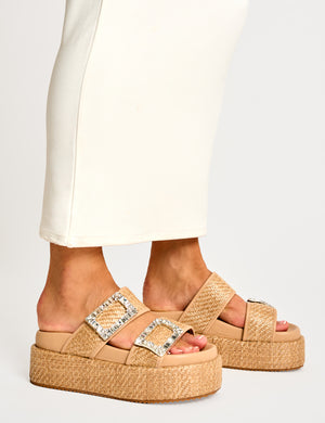 Bettie Natural Rattan Diamante Buckle Detail Flatform Slider Sandals