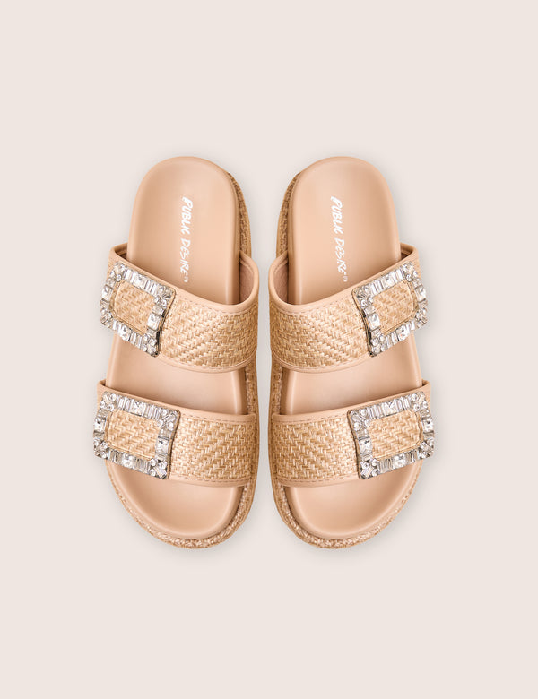 Bettie Natural Rattan Diamante Buckle Detail Flatform Slider Sandals