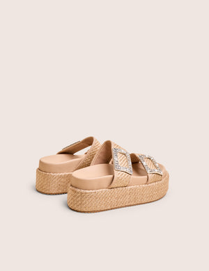Bettie Natural Rattan Diamante Buckle Detail Flatform Slider Sandals