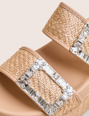 Bettie Natural Rattan Diamante Buckle Detail Flatform Slider Sandals