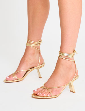 Birdie Gold Cracked Pu Lace Up Mid Heels