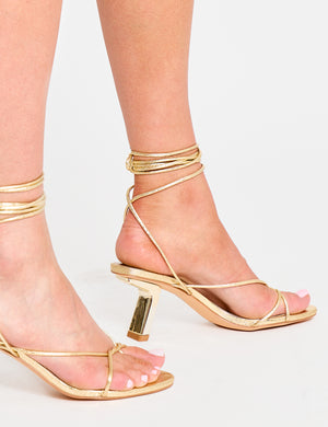 Birdie Gold Cracked Pu Lace Up Mid Heels