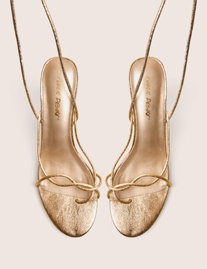 Birdie Gold Cracked Pu Lace Up Mid Heels