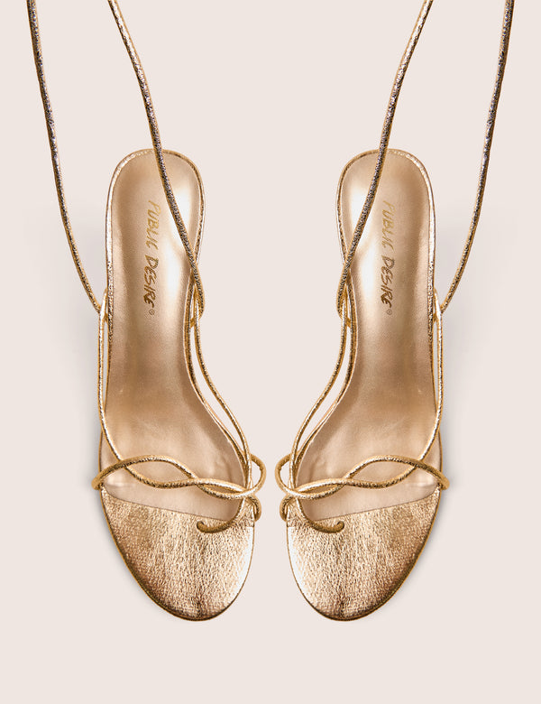 Birdie Gold Cracked Pu Lace Up Mid Heels