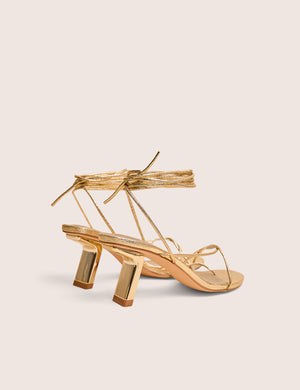 Birdie Gold Cracked Pu Lace Up Mid Heels