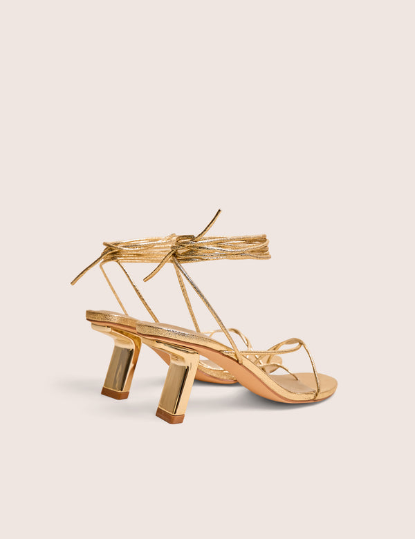 Birdie Gold Cracked Pu Lace Up Mid Heels