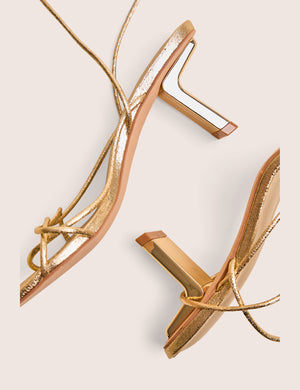 Birdie Gold Cracked Pu Lace Up Mid Heels