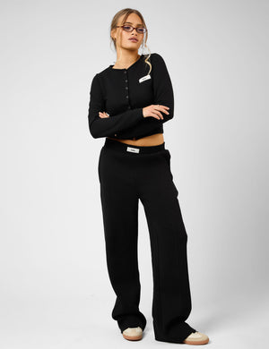 Kaiia Label Logo Premium Interlock Seam Detail Wide Leg Joggers Black
