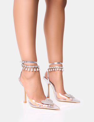 Blessing Wide Fit Silver Clear Perspex Diamante Heart Ankle Pearl Detailing Court Stiletto Heels