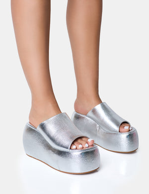 Blue Moon Silver Metallic Chunky Platform Wedge Sandals Public Desire