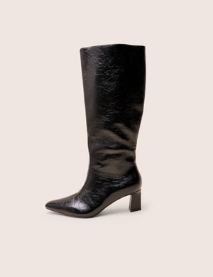 Boomer Black Crinkle Pu  Pointed Toe Knee High Mid Heel Boots