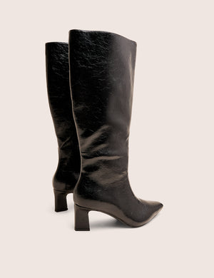 Boomer Black Crinkle Pu  Pointed Toe Knee High Mid Heel Boots