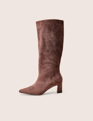 Boomer Brown Suedette Pointed Toe Knee High Mid Heel Boots