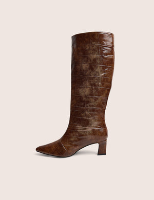 Boomer Tan Croc Pointed Toe Knee High Mid Heel Boots