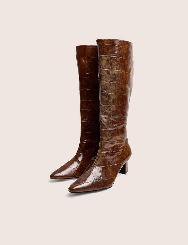 Boomer Tan Croc Pointed Toe Knee High Mid Heel Boots