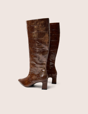 Boomer Tan Croc Pointed Toe Knee High Mid Heel Boots
