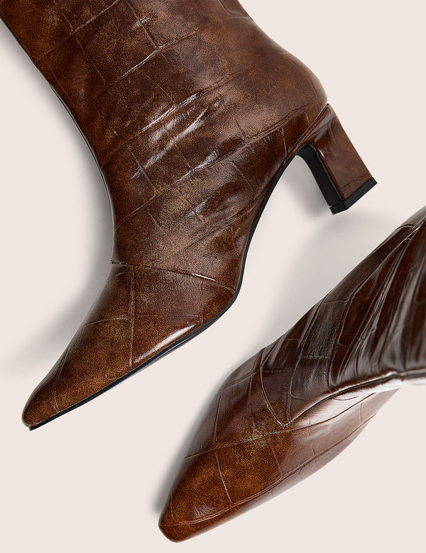 Boomer Tan Croc Pointed Toe Knee High Mid Heel Boots