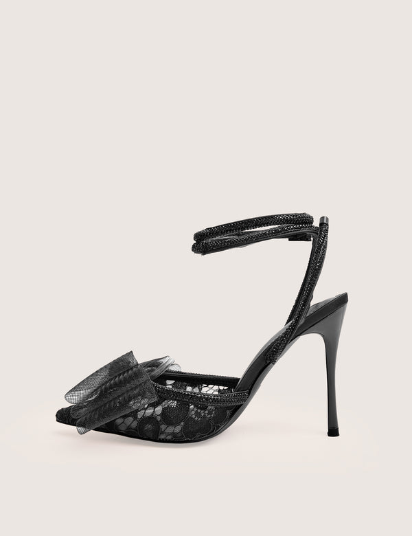 Brat Black Diamante Strap Wrap Around Pointed Stiletto Heels