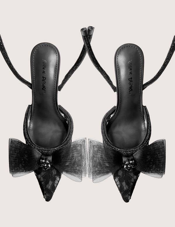 Brat Black Diamante Strap Wrap Around Pointed Stiletto Heels