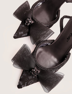 Brat Black Diamante Strap Wrap Around Pointed Stiletto Heels