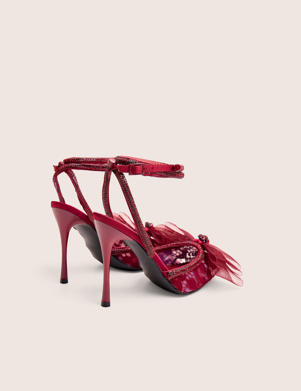 Brat Burgundy Diamante Strap Wrap Around Pointed Stiletto Heels