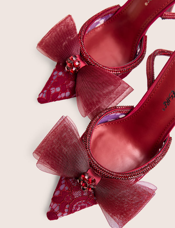 Brat Burgundy Diamante Strap Wrap Around Pointed Stiletto Heels