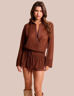 Plunge Neck Long Sleeve Ruffle Hem Mini Dress Brown