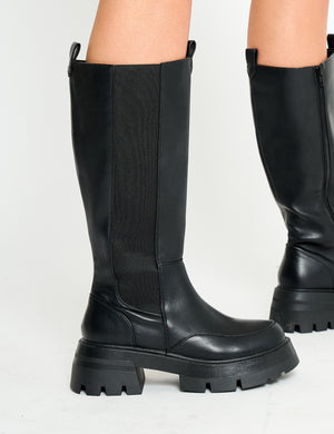 Bryant Black Pu Chunky Sole Elasticated Knee High Boots