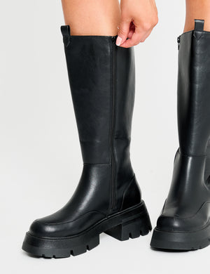 Bryant Black Pu Chunky Sole Elasticated Knee High Boots