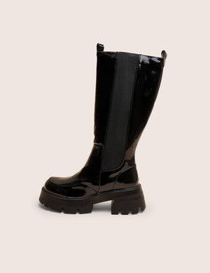Bryant Black Patent Chunky Sole Elasticated Knee High Boots