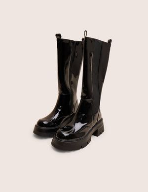 Bryant Black Patent Chunky Sole Elasticated Knee High Boots