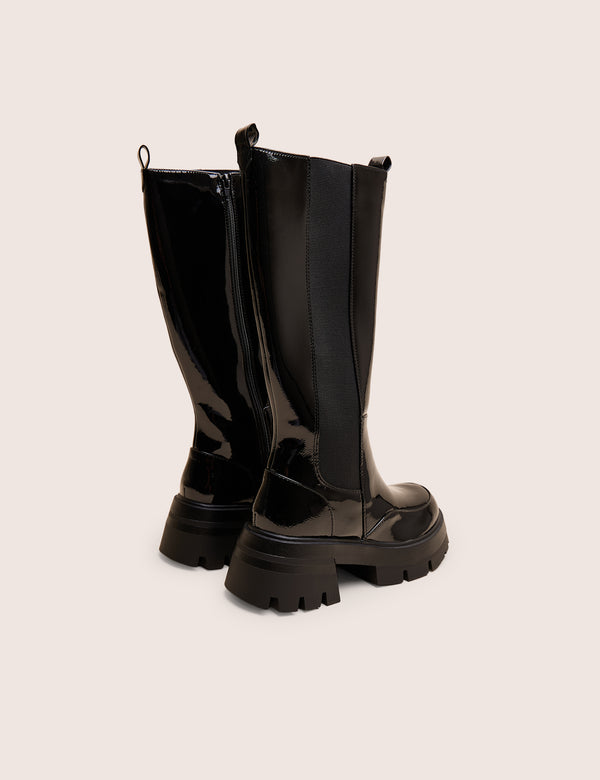Bryant Black Patent Chunky Sole Elasticated Knee High Boots