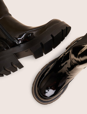 Bryant Black Patent Chunky Sole Elasticated Knee High Boots