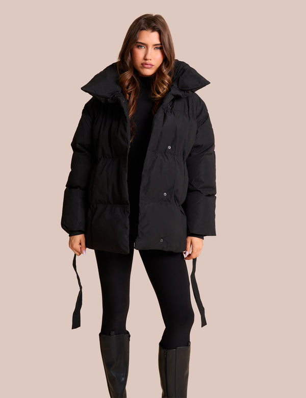 Tie Detail Short Padded Duvet Puffer Coat Black