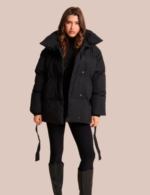 Tie Detail Short Padded Duvet Puffer Coat Black