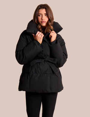 Tie Detail Short Padded Duvet Puffer Coat Black